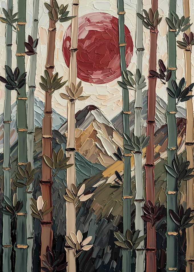 Vintage Red Moon Bamboo Forest – Textured Impasto Painting