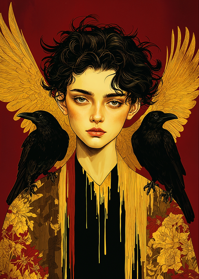 Angelic Figure with Ravens and Golden Wings