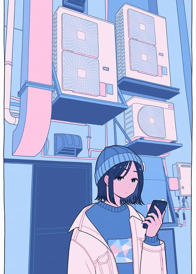 Anime Girl with Phone in Cityscape
