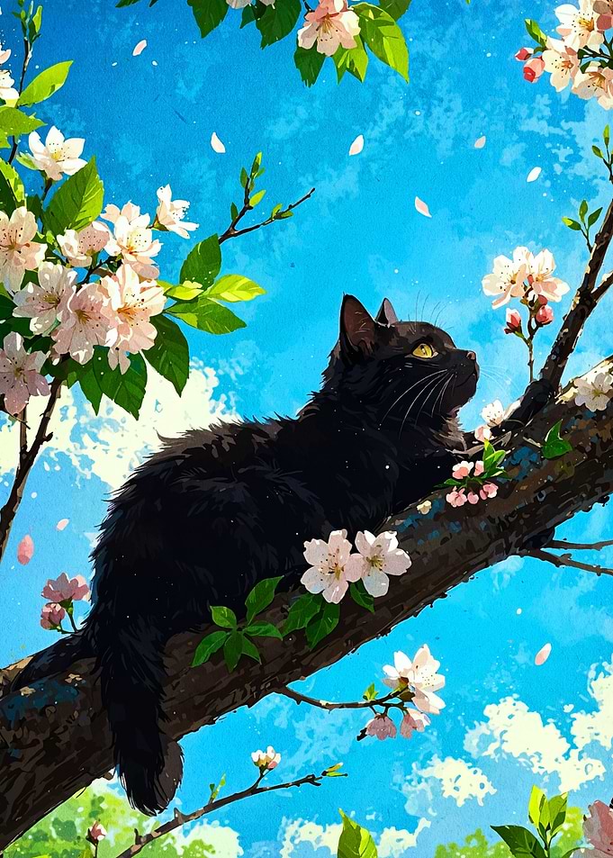 Black cat on a blossoming tree