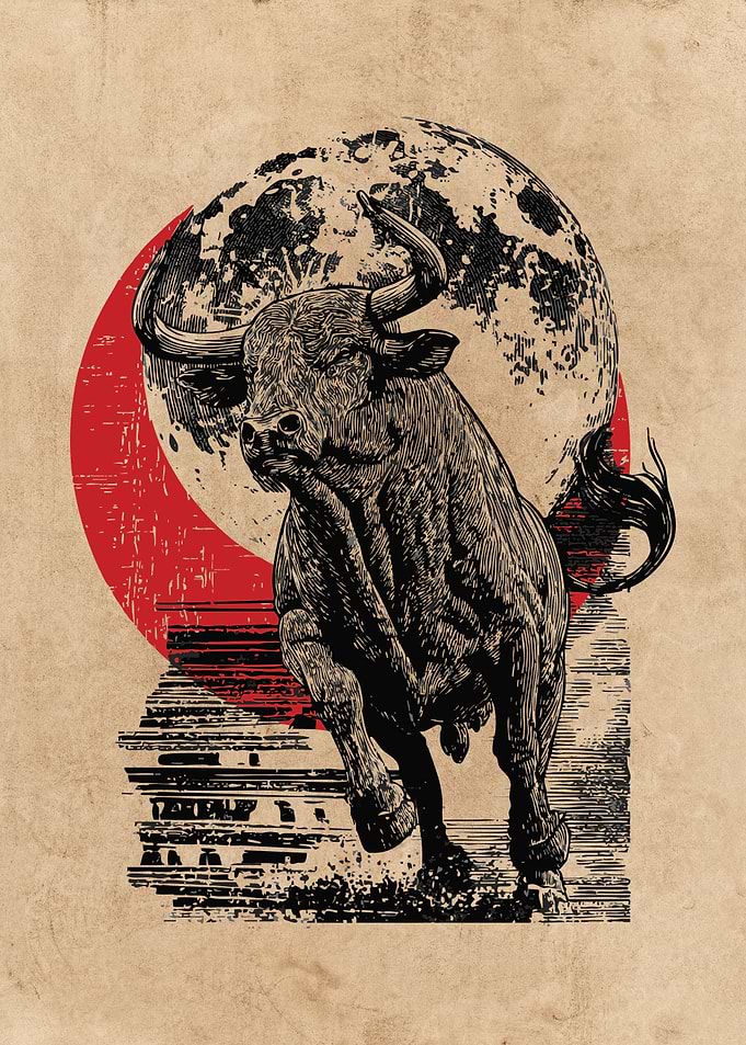 Charging Bull with Moon and Red Circle