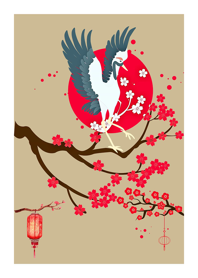 Crane and Cherry Blossoms Illustration