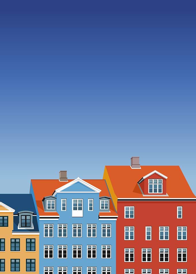 Digital illustration of Copenhagen's city skyline and architecture of Nyhavn