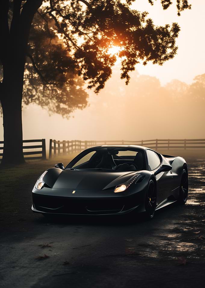 Black Ferrari Foggy Road