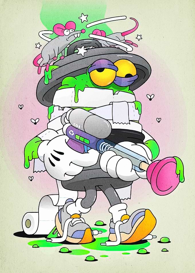 Cartoon Character with Trash Can Head