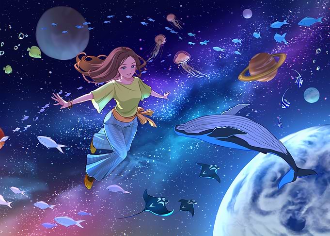 Anime Girl Floating in Space Ocean