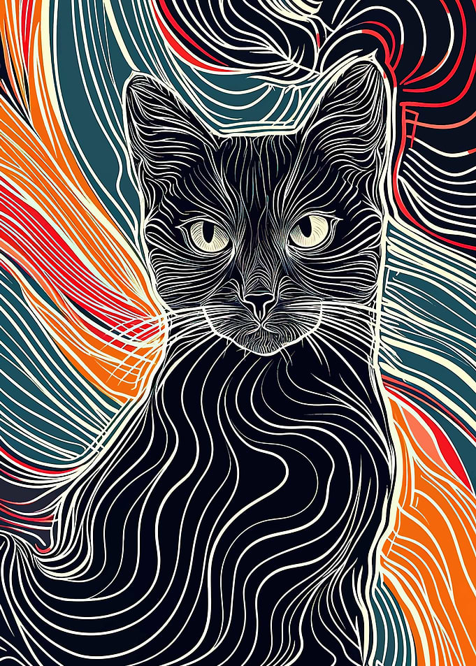 Abstract Cat Portrait with Swirling Lines