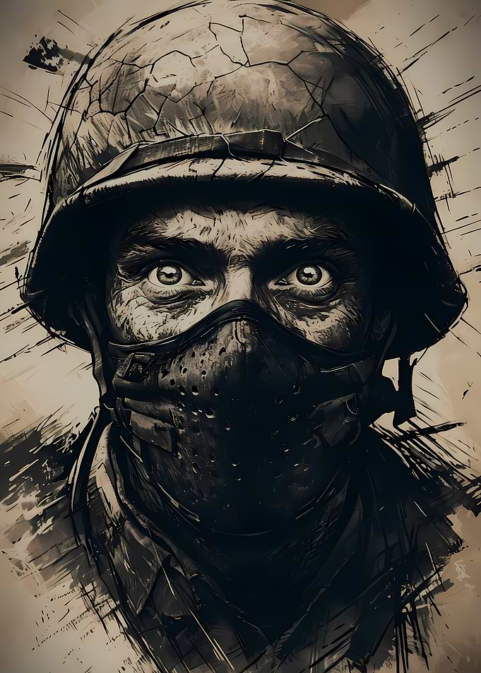 Intense Soldier Portrait with Mask and Helmet