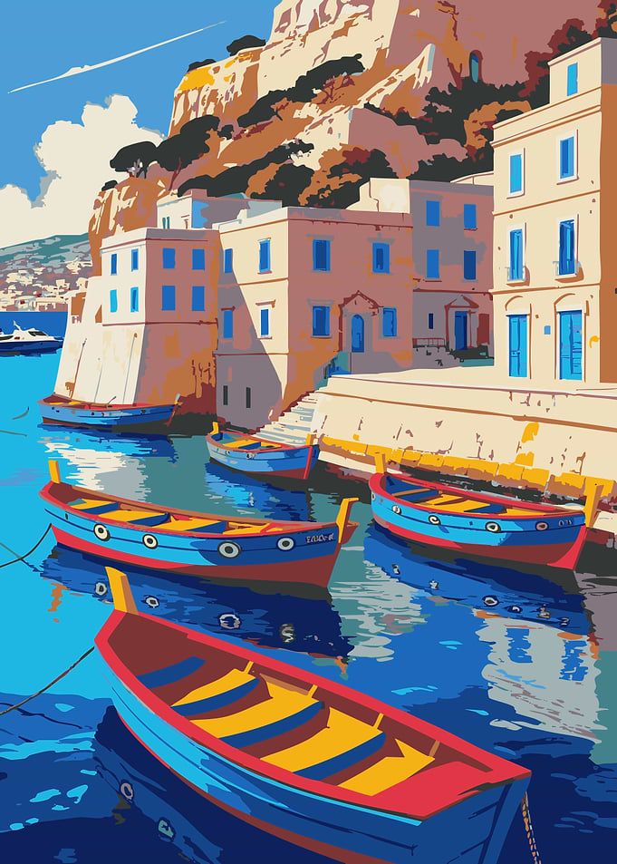 Coastal Village with Boats Illustration