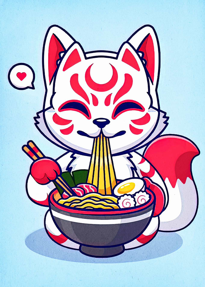 Cute Fox Eating Ramen Illustration