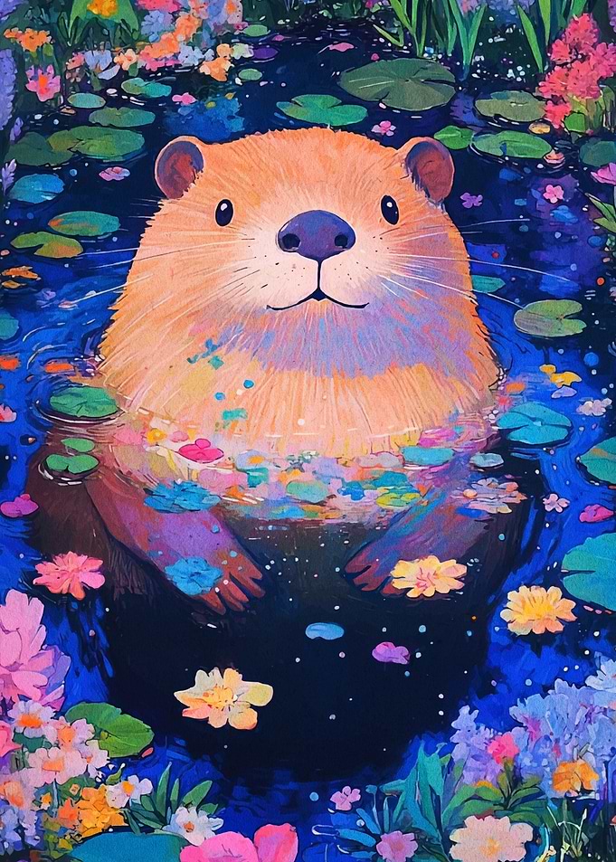 Otter in Floral Pond Painting