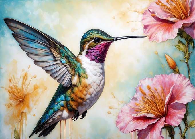 Hummingbird and Pink Flowers Art