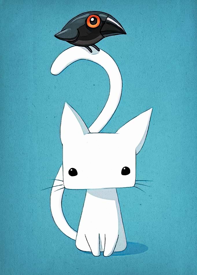 White Cat with Bird on Tail