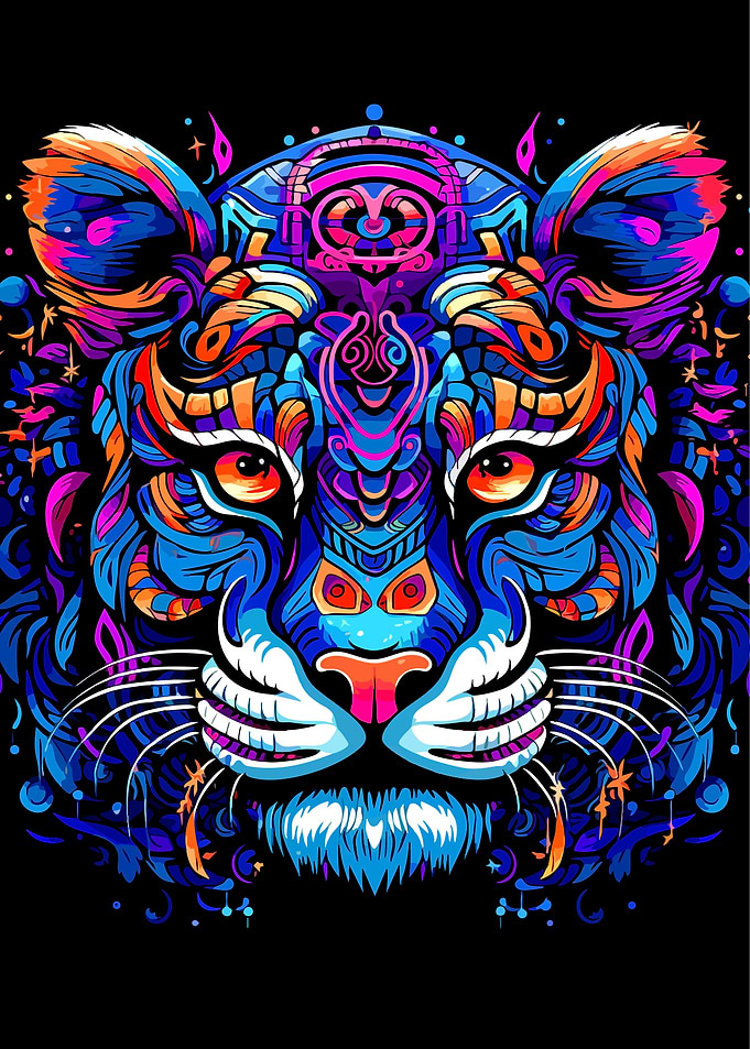 Colorful Psychedelic Tiger Portrait on Black