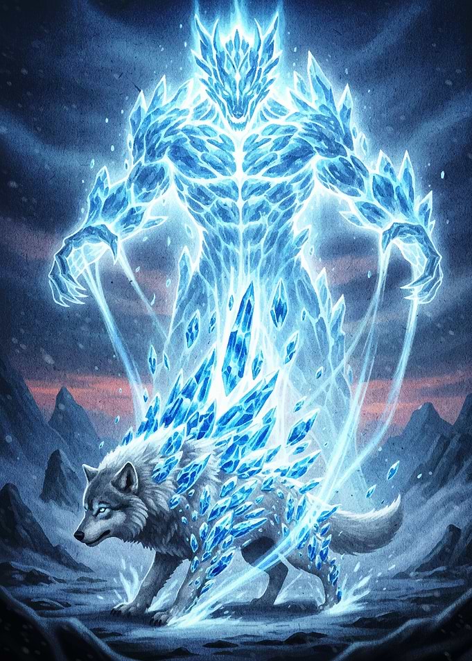 Ice Golem and Wolf Fantasy Art