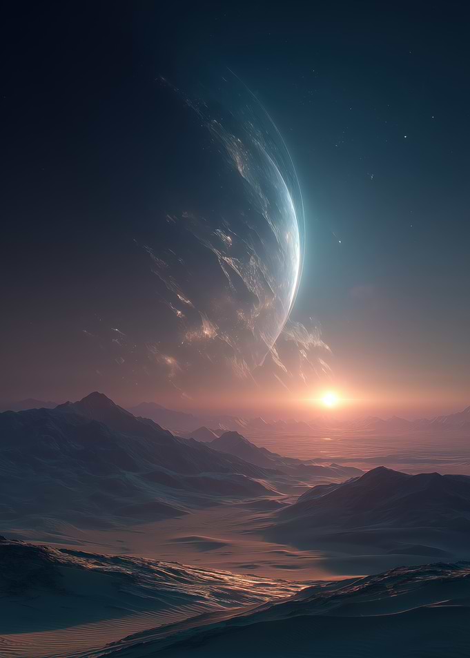 Exoplanet Landscape with Rising Sun