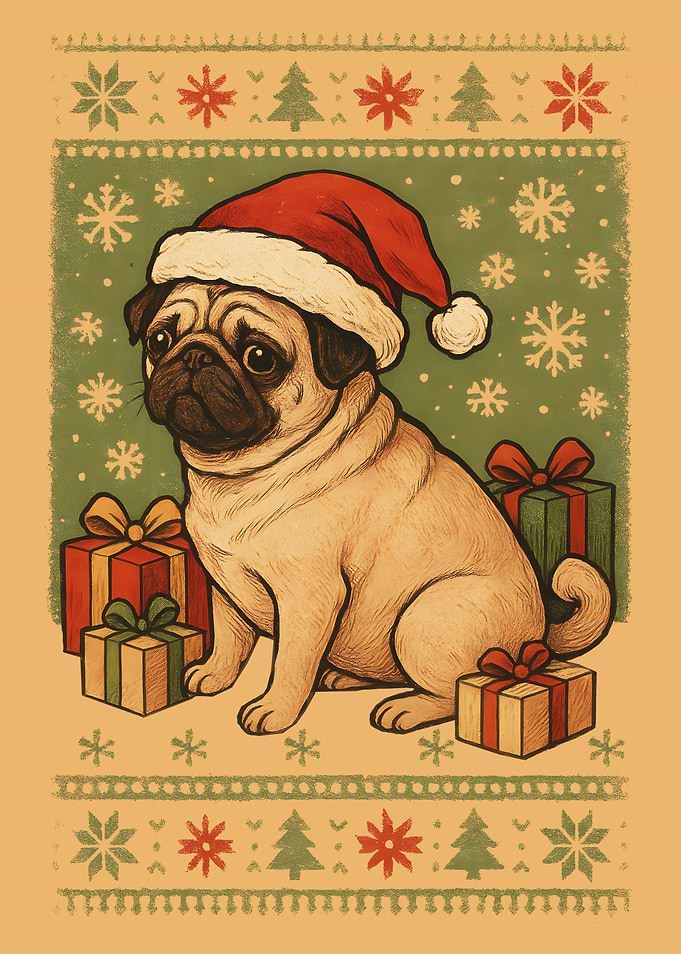 Christmas Pug with Gifts and Santa Hat