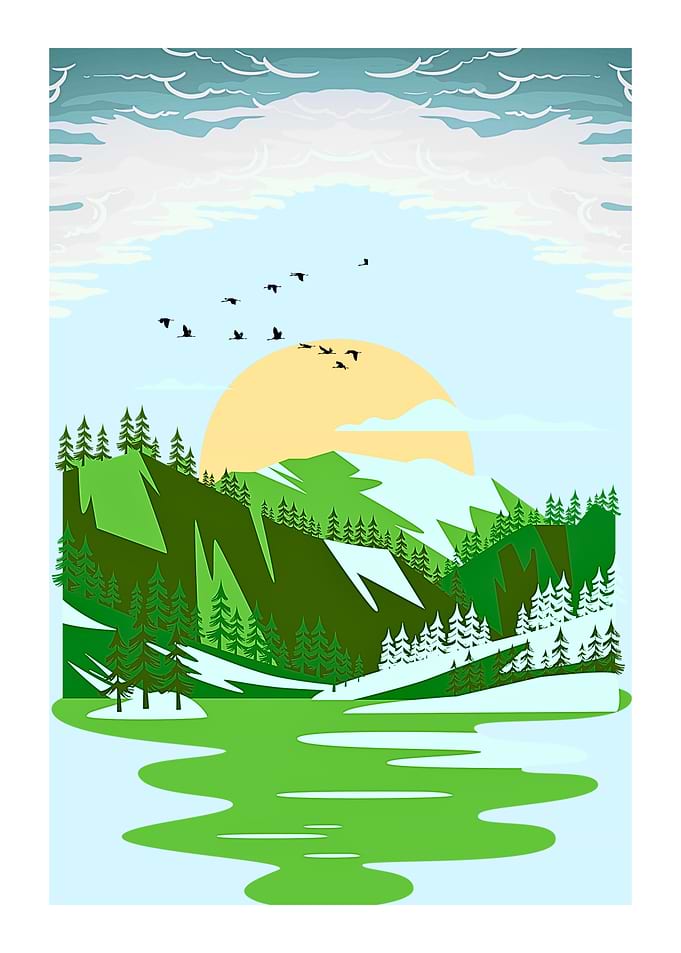 Mountain Landscape with Birds and Sun