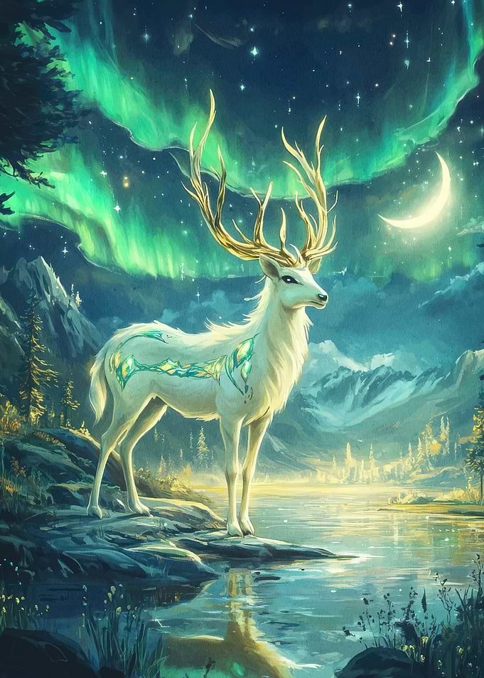 Mystical Deer Aurora Borealis