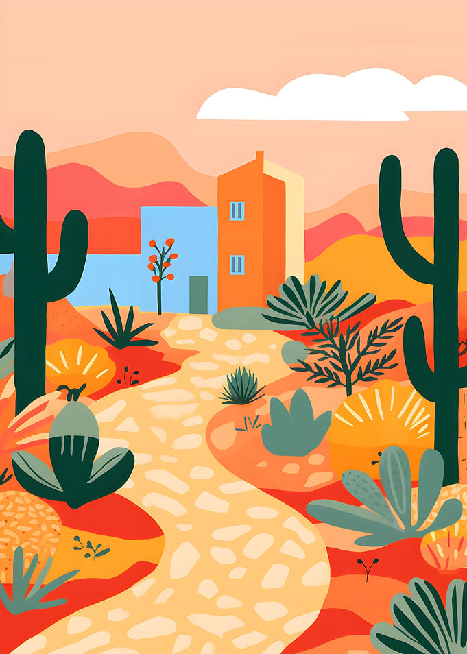 Desert Landscape Illustration with Buildings