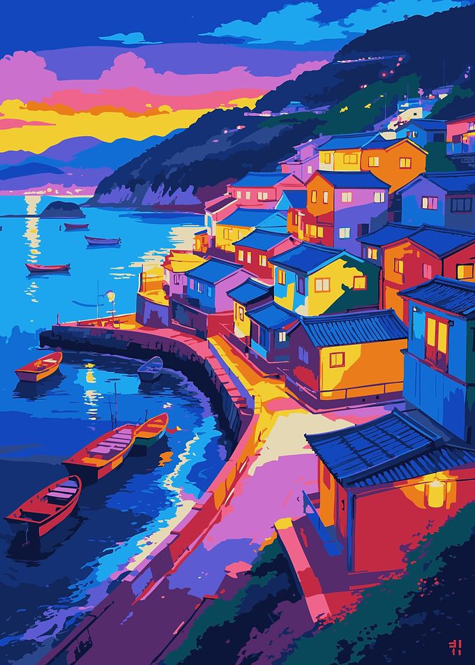 Colorful Coastal Village at Sunset
