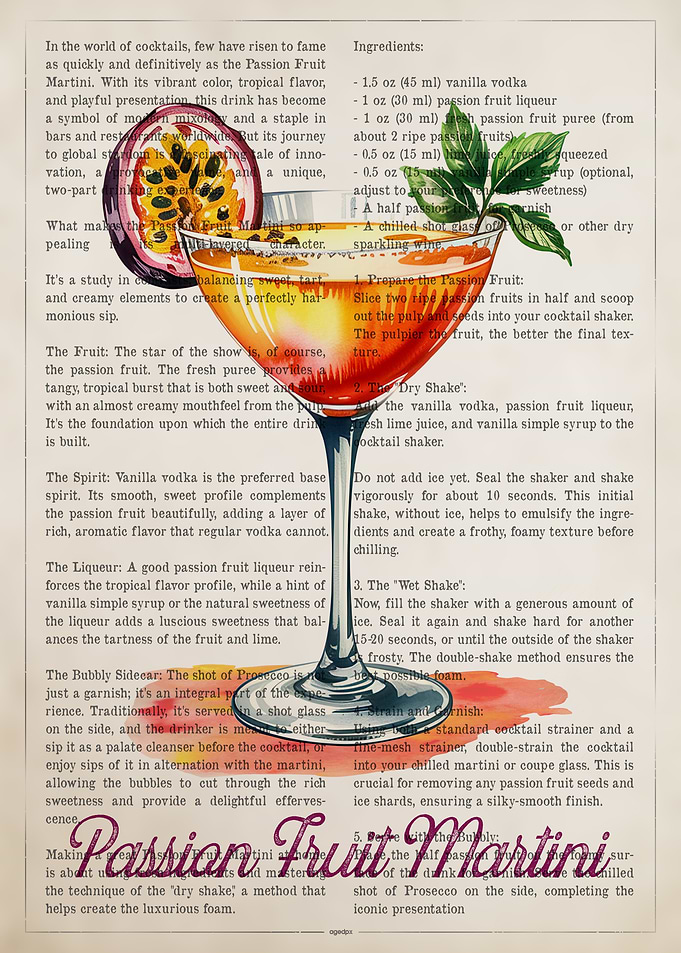 Passion Fruit Martini Illustration on text background