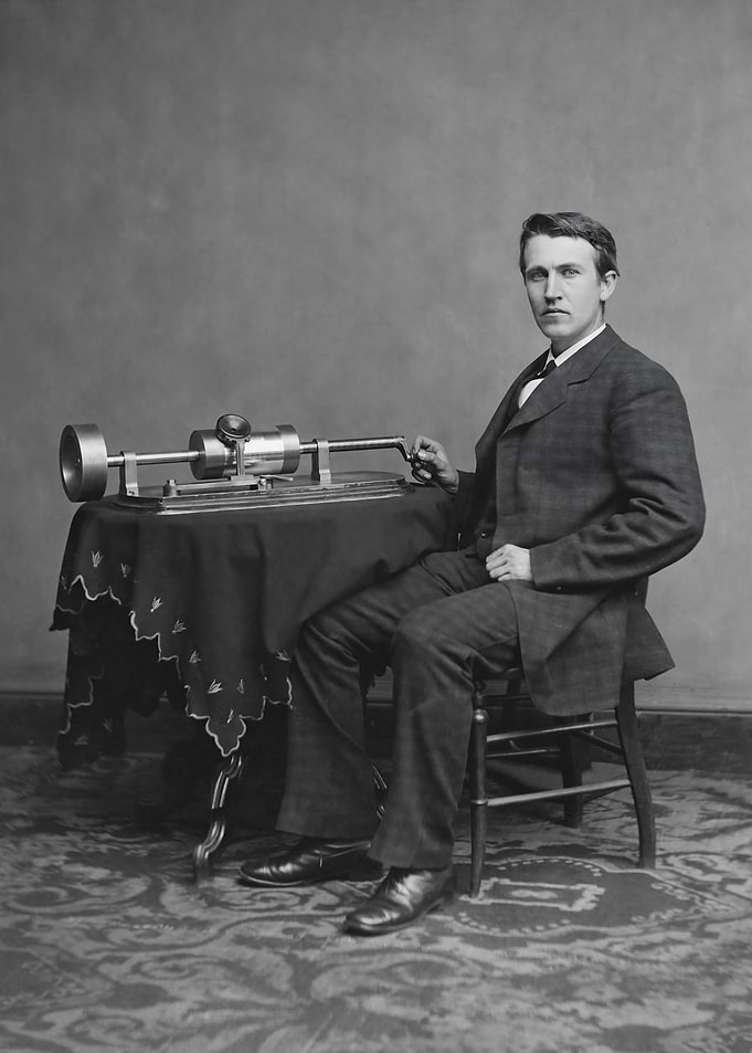 Thomas Edison with phonograph, vintage photo