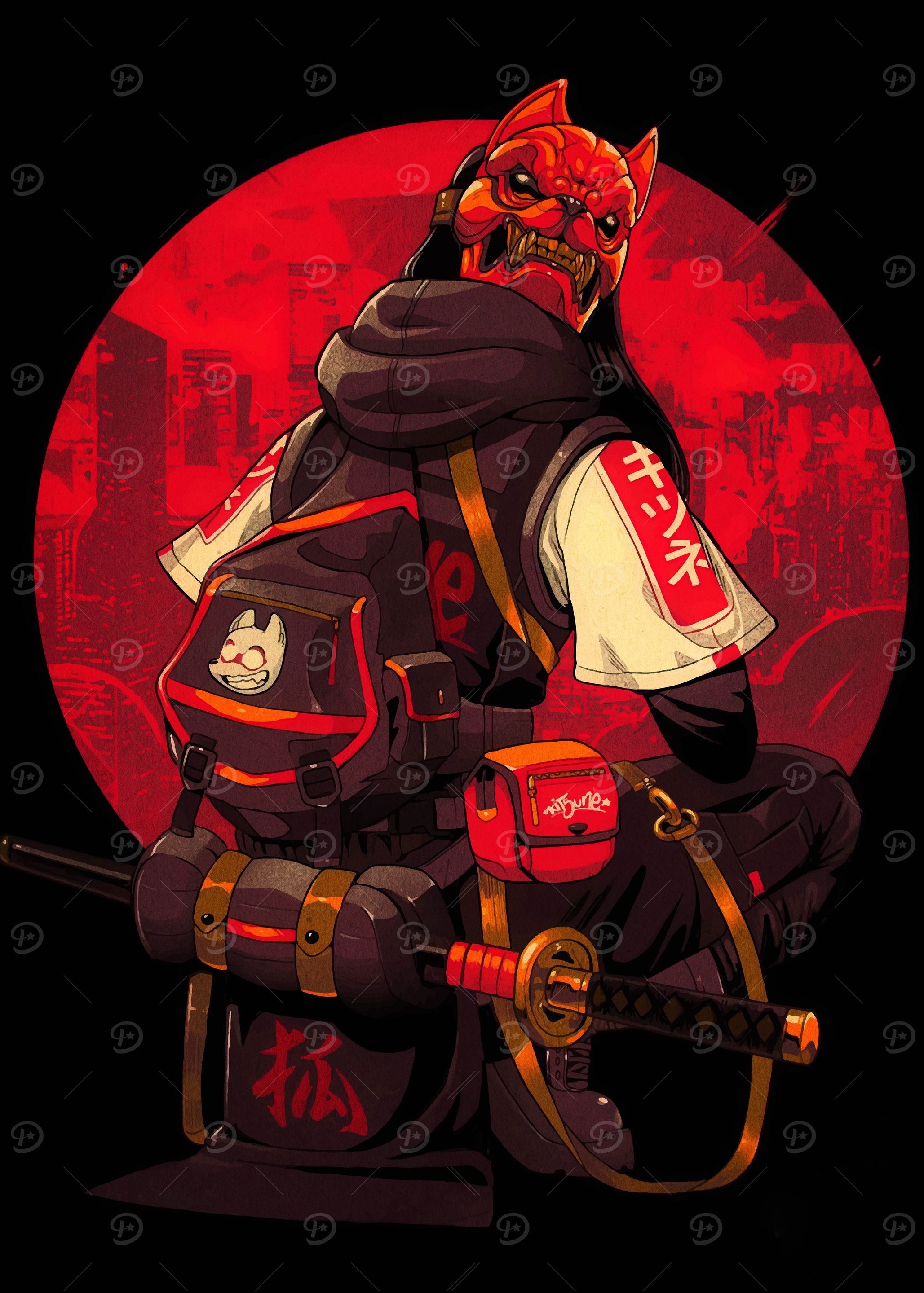 Cyberpunk Warrior with Kitsune Mask