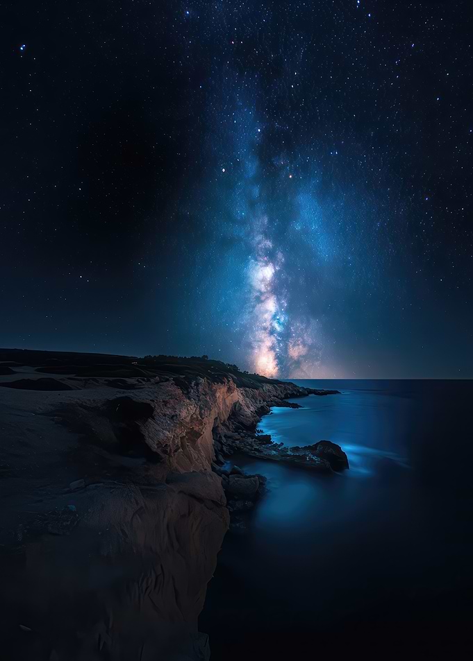 Milky Way over coastal cliffs at night