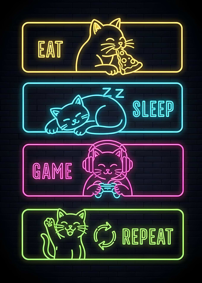 Eat Sleep Game Repeat Cat Neon