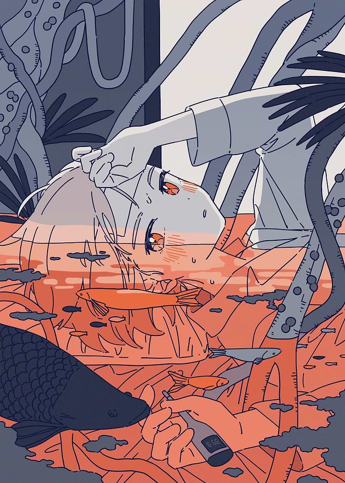 Anime Girl in Water with Fish