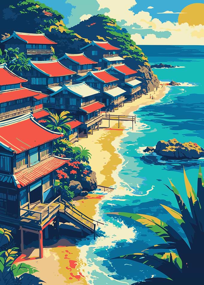 Coastal Village with Red-Roofed Houses