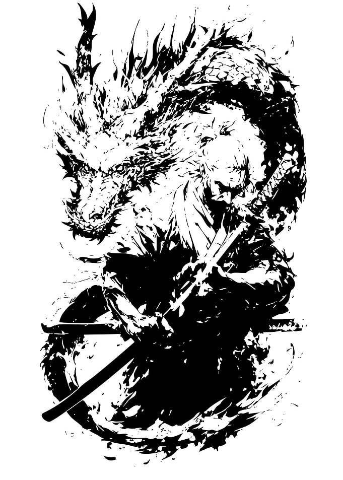 Samurai and Dragon Black and White Art