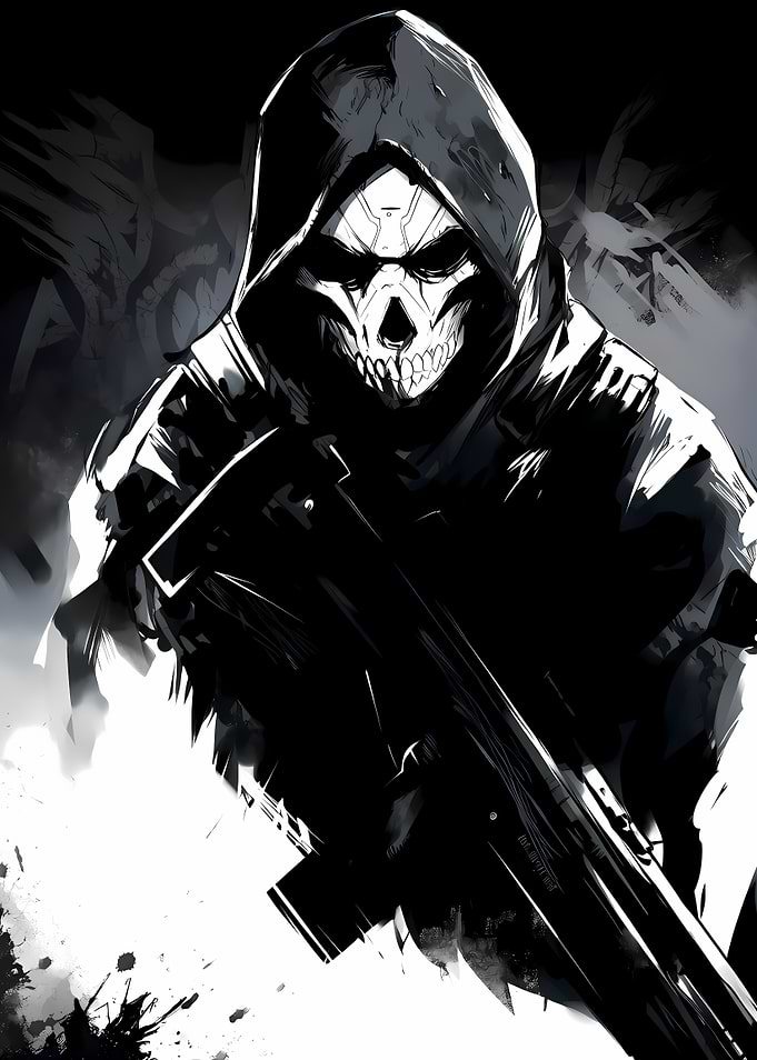 Skull-masked soldier with rifle in monochrome