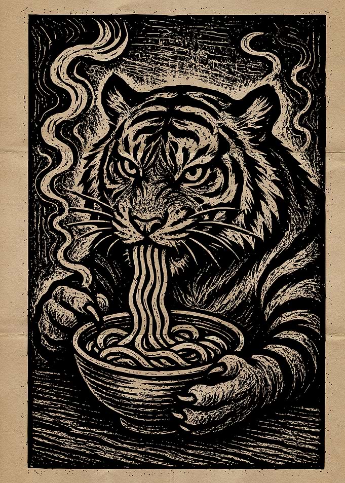 Tiger Eating Ramen Woodcut Illustration