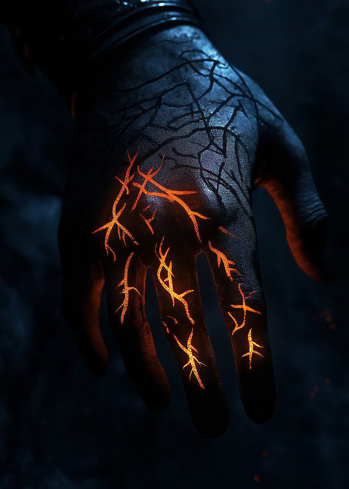 A mysterious hand with glowing runes reaching out