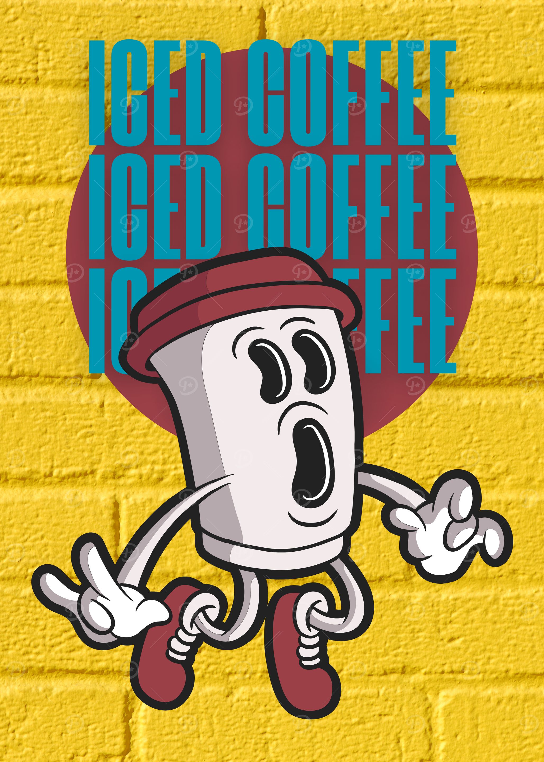 Iced Coffee Cartoon Character on Yellow Brick