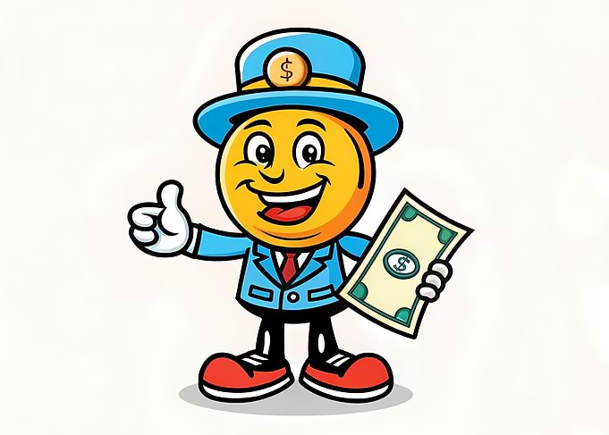Dapper Coin Mascot in Blue Suit Holding Dollar — Thumbs-Up Cartoon Money Character