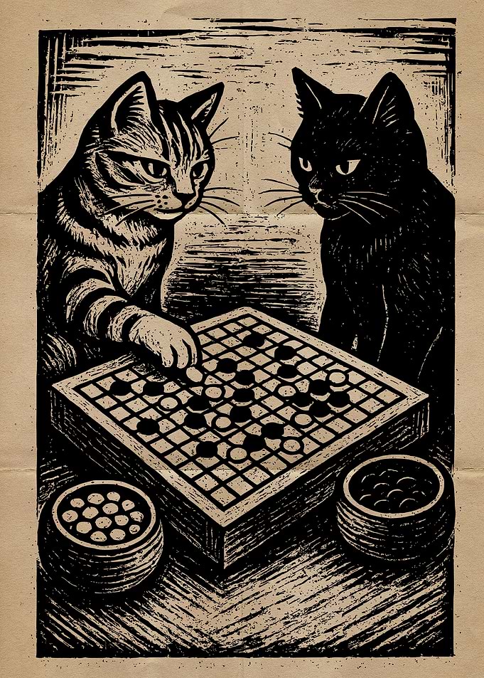 Cats Playing Go Game Woodcut Print