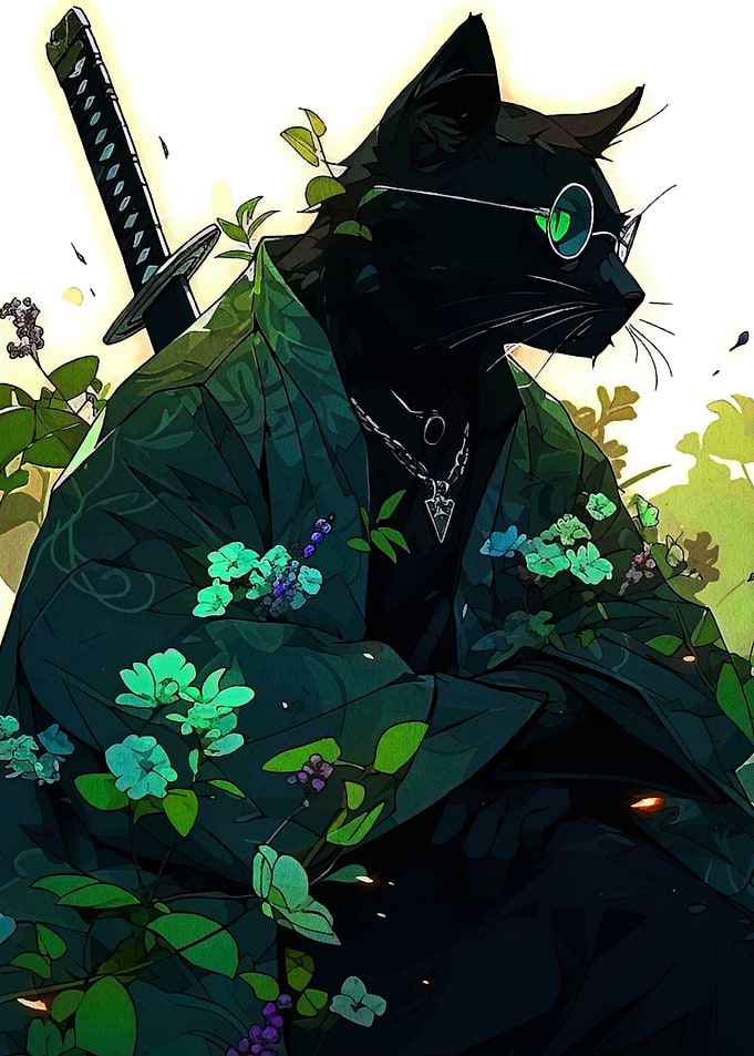Samurai Cat with Glasses and Kimono