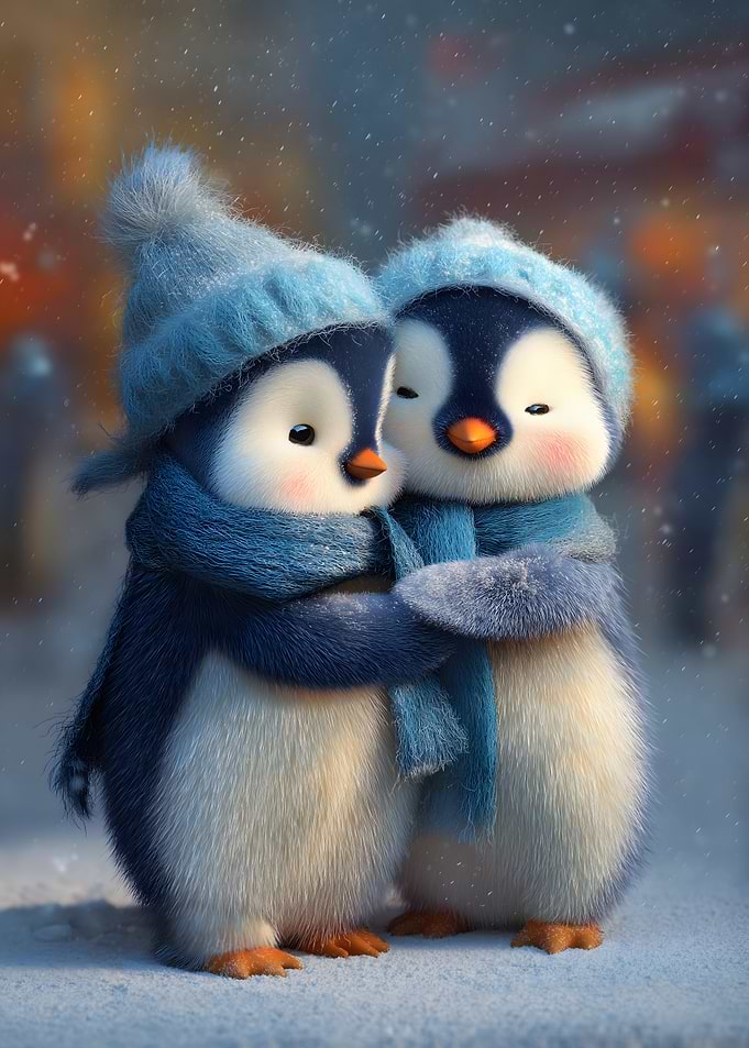 Two Cute Penguins Hugging in Winter
