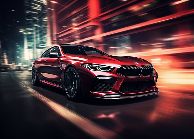 Red BMW in Motion on City