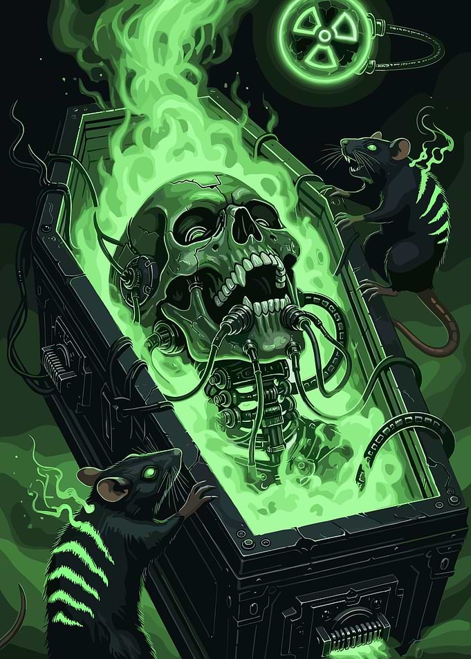Radioactive Skull in Coffin with Rats