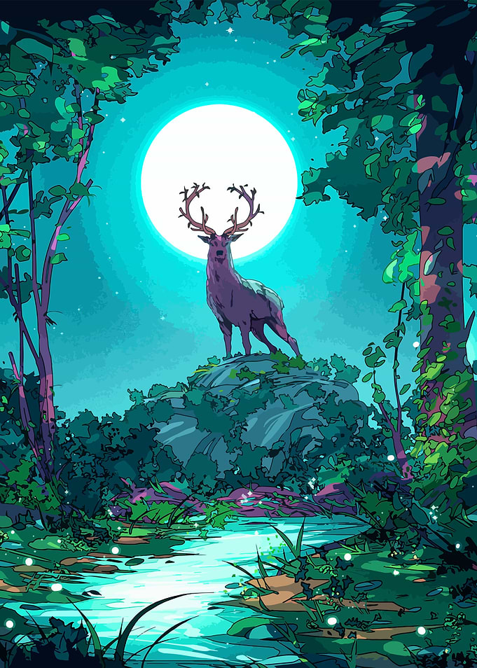 Deer in Moonlight Forest Illustration