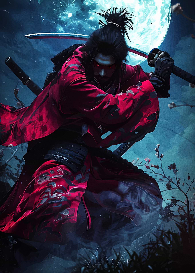 Samurai Warrior in Red Under Moonlight