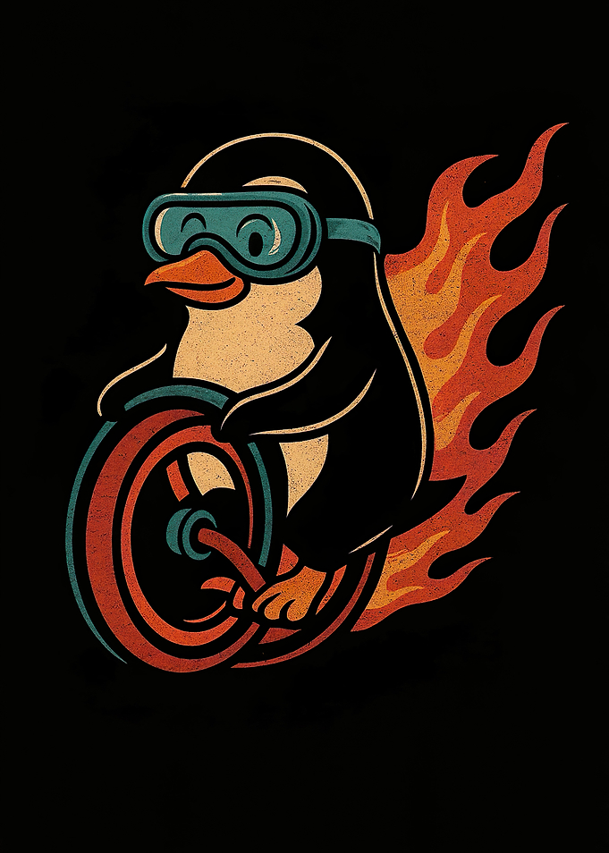 Penguin on a fiery unicycle
