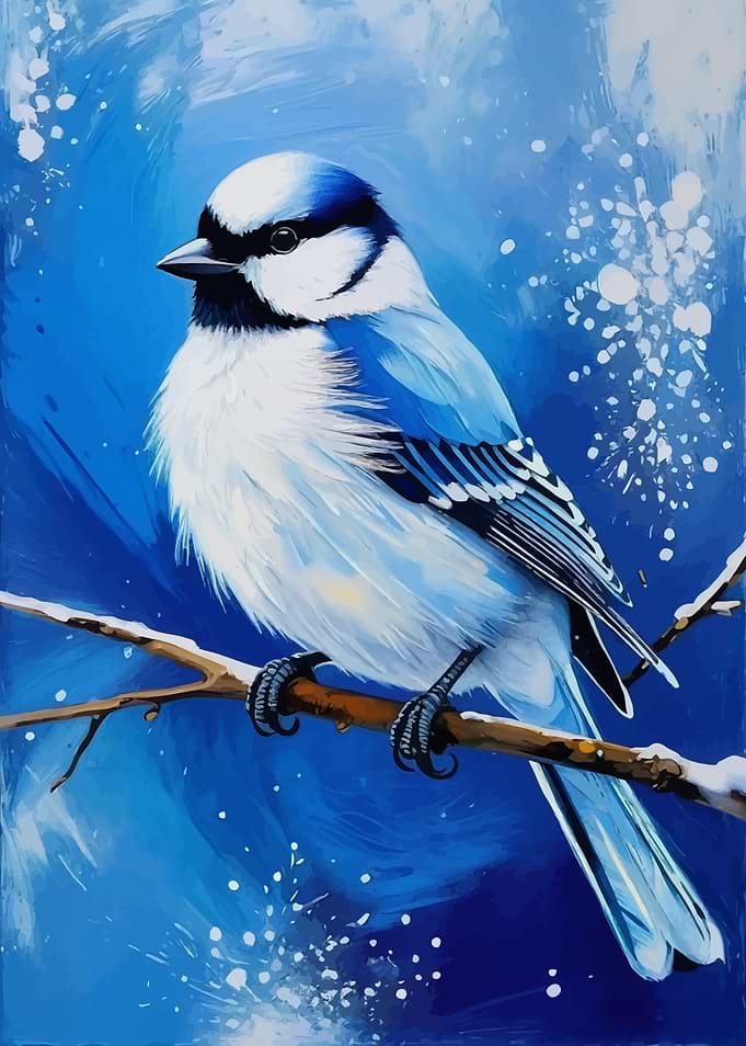 Blue Jay on Branch Winter Painting