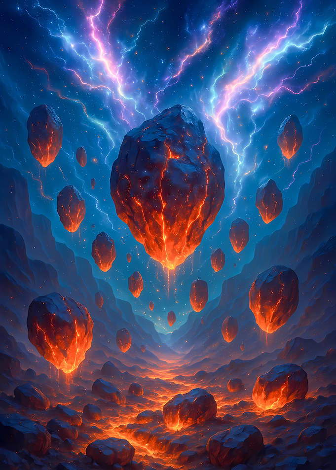 Floating Lava Rocks with Lightning Sky