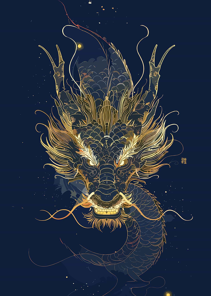Golden Dragon Illustration on Dark Blue