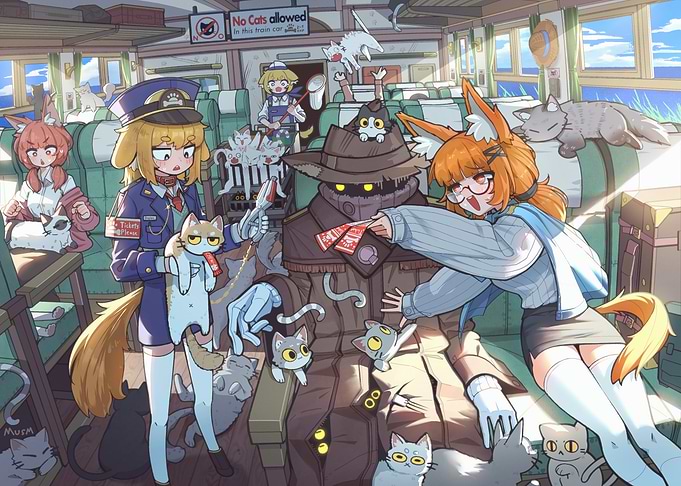 Anime train ride with cat characters